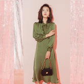 Silk A-Line Dress with Bow Tie Neck and Long Sleeves